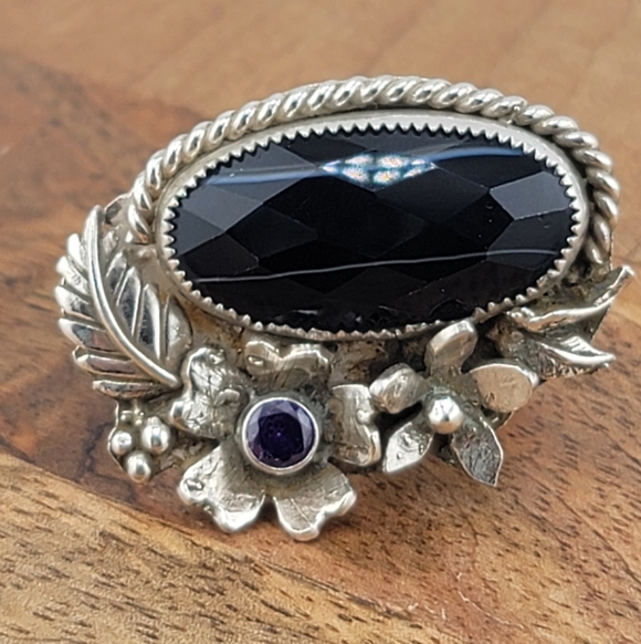 OBSIDIAN & AMETHYST CRYSTAL GARDEN FLOWER RING HANDMADE W/ RECYCLED METAL SZ 7 - Picture 2 of 7